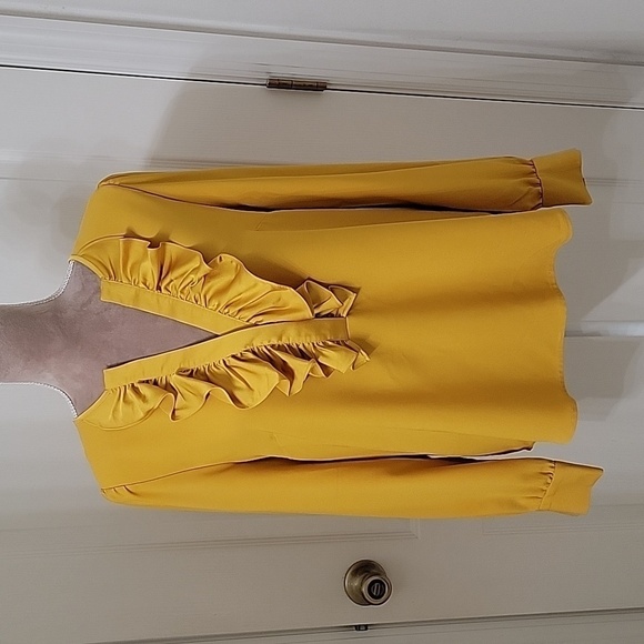 J Crew, Size M Goldenrod Ruffle Front Long Sleeve Satin Crepe Blouse - Picture 1 of 16